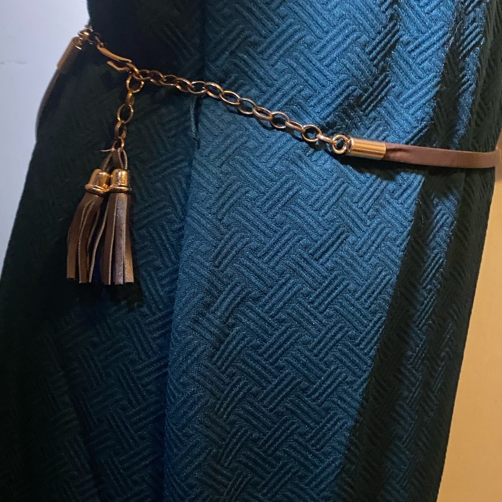 NWT Beautiful periwinkle blue dress with brown tasseled belt with attached hoops - Picture 2 of 12